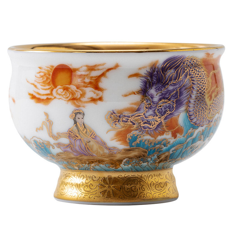 Buddha Stones金鷲 縁起の良い龍 太陽 海の波 金箔 陶器 ティーカップ カンフー ティーカップ