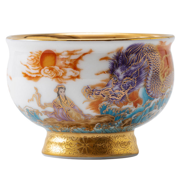 Buddha Stones金鷲 縁起の良い龍 太陽 海の波 金箔 陶器 ティーカップ カンフー ティーカップ