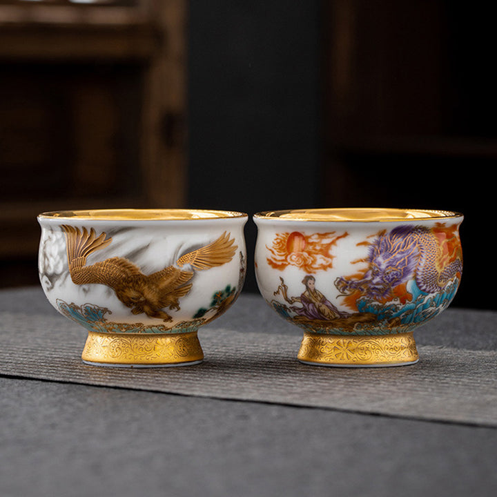 Buddha Stones金鷲 縁起の良い龍 太陽 海の波 金箔 陶器 ティーカップ カンフー ティーカップ