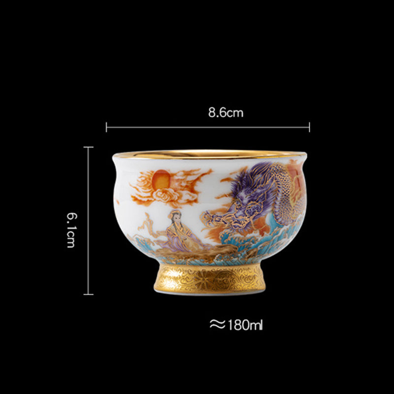 Buddha Stones金鷲 縁起の良い龍 太陽 海の波 金箔 陶器 ティーカップ カンフー ティーカップ