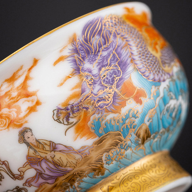 Buddha Stones金鷲 縁起の良い龍 太陽 海の波 金箔 陶器 ティーカップ カンフー ティーカップ