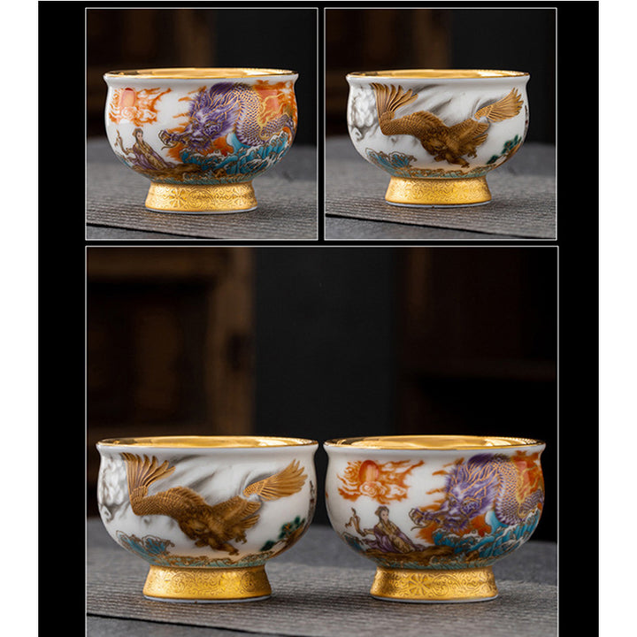 Buddha Stones金鷲 縁起の良い龍 太陽 海の波 金箔 陶器 ティーカップ カンフー ティーカップ