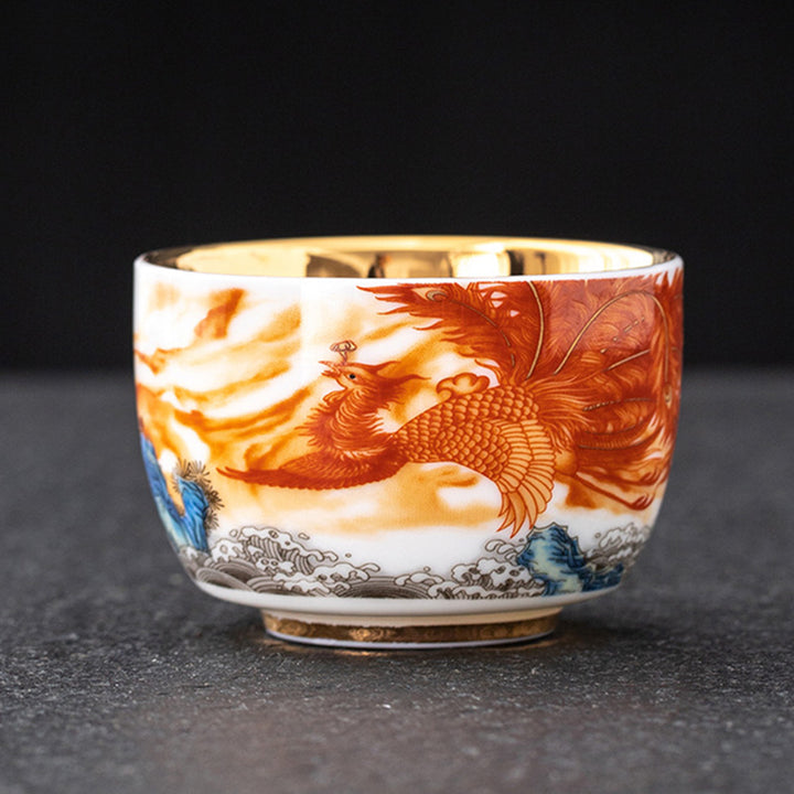Buddha Stones龍 鳳凰 鶴 太陽 海 波 金箔 陶器 ティーカップ カンフー ティーカップ 170ml