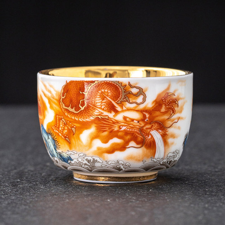 Buddha Stones龍 鳳凰 鶴 太陽 海 波 金箔 陶器 ティーカップ カンフー ティーカップ 170ml