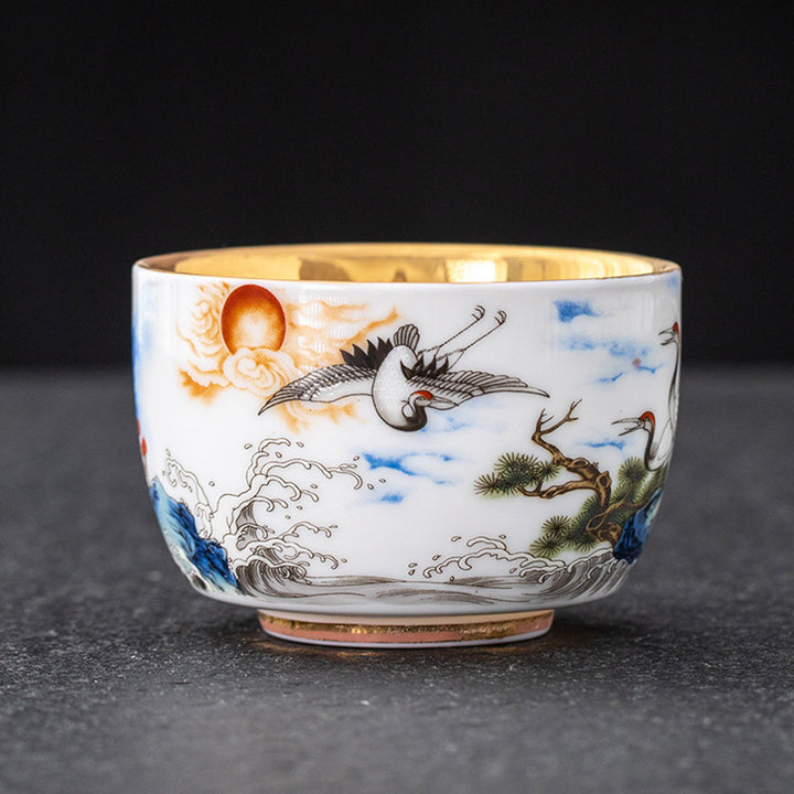 Buddha Stones龍 鳳凰 鶴 太陽 海 波 金箔 陶器 ティーカップ カンフー ティーカップ 170ml