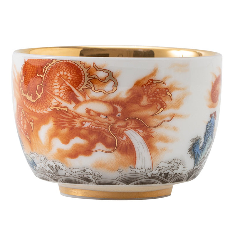 Buddha Stones龍 鳳凰 鶴 太陽 海 波 金箔 陶器 ティーカップ カンフー ティーカップ 170ml
