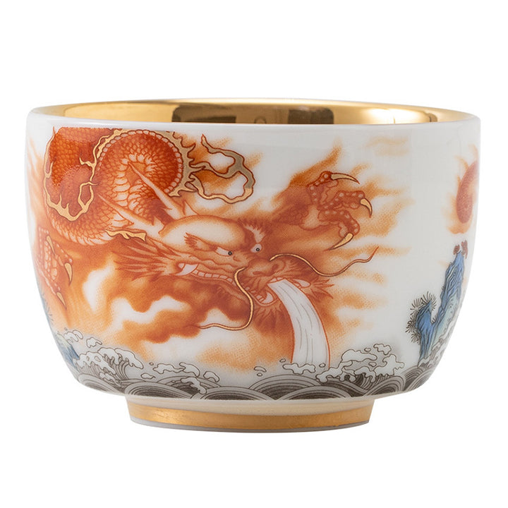 Buddha Stones龍 鳳凰 鶴 太陽 海 波 金箔 陶器 ティーカップ カンフー ティーカップ 170ml