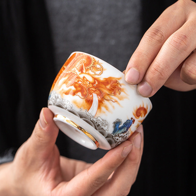 Buddha Stones龍 鳳凰 鶴 太陽 海 波 金箔 陶器 ティーカップ カンフー ティーカップ 170ml