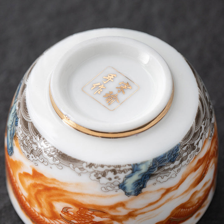 Buddha Stones龍 鳳凰 鶴 太陽 海 波 金箔 陶器 ティーカップ カンフー ティーカップ 170ml