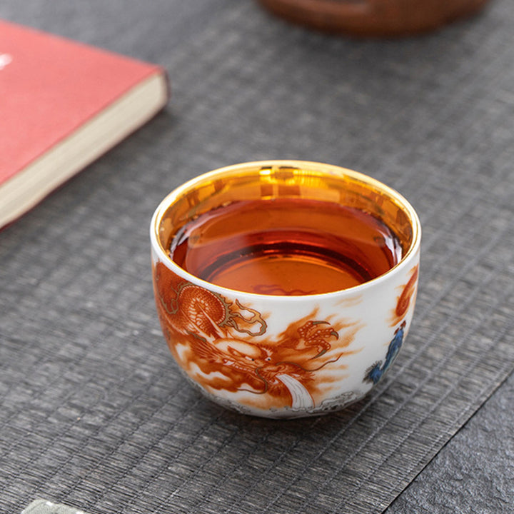 Buddha Stones龍 鳳凰 鶴 太陽 海 波 金箔 陶器 ティーカップ カンフー ティーカップ 170ml