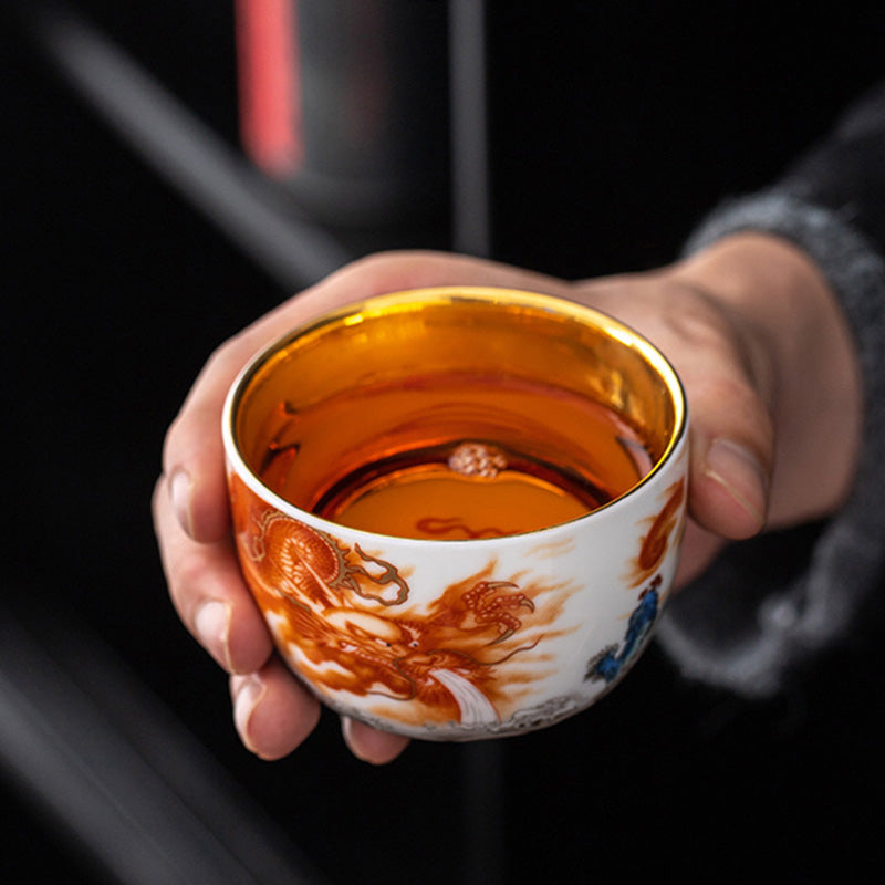 Buddha Stones龍 鳳凰 鶴 太陽 海 波 金箔 陶器 ティーカップ カンフー ティーカップ 170ml
