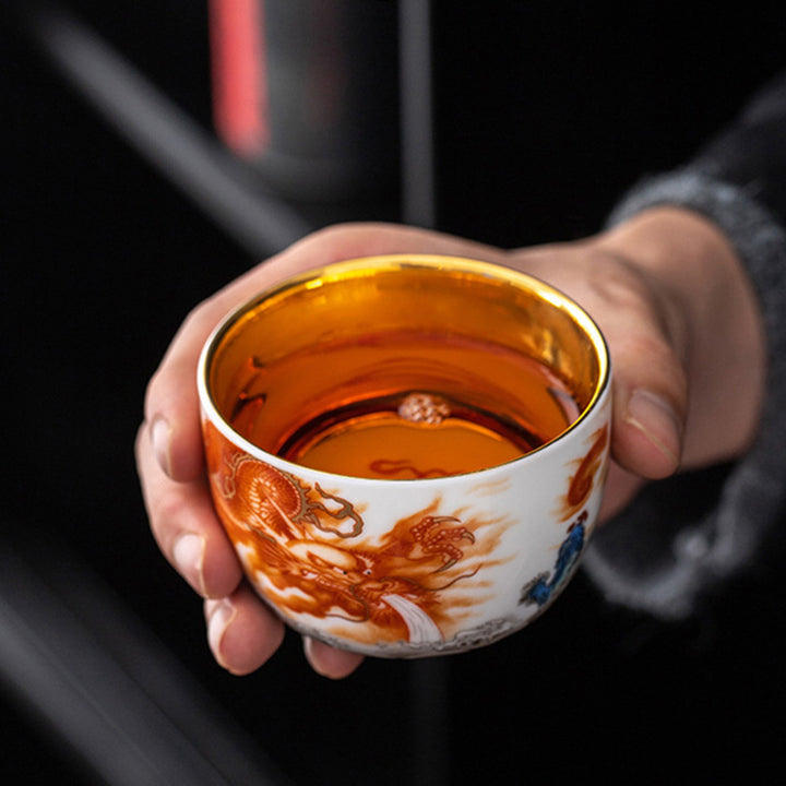 Buddha Stones龍 鳳凰 鶴 太陽 海 波 金箔 陶器 ティーカップ カンフー ティーカップ 170ml