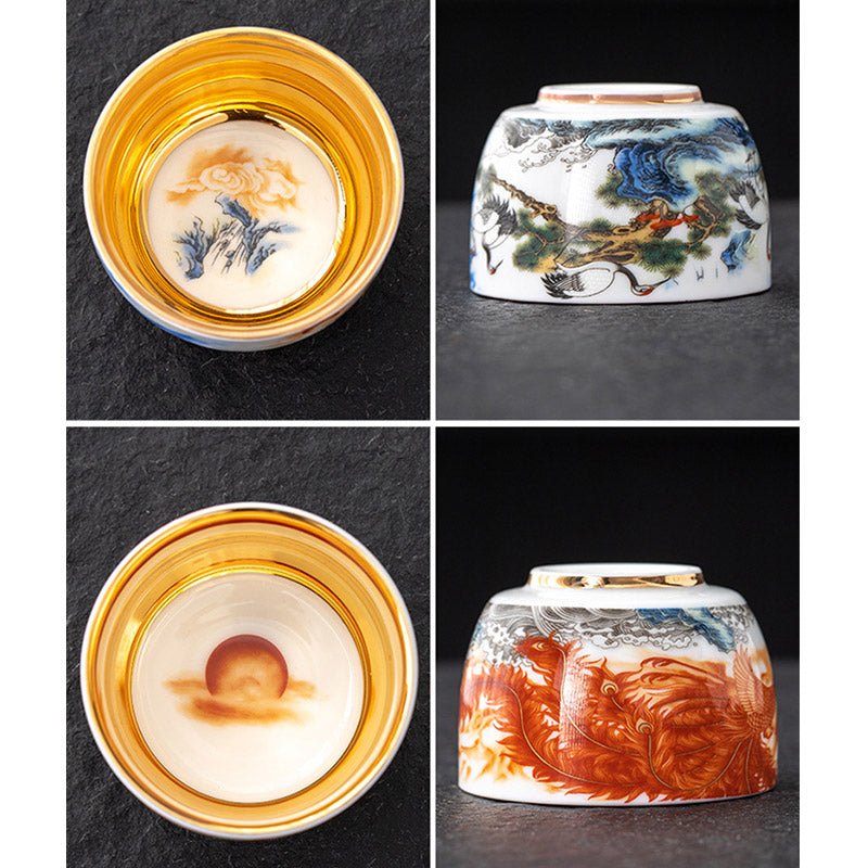 Buddha Stones龍 鳳凰 鶴 太陽 海 波 金箔 陶器 ティーカップ カンフー ティーカップ 170ml