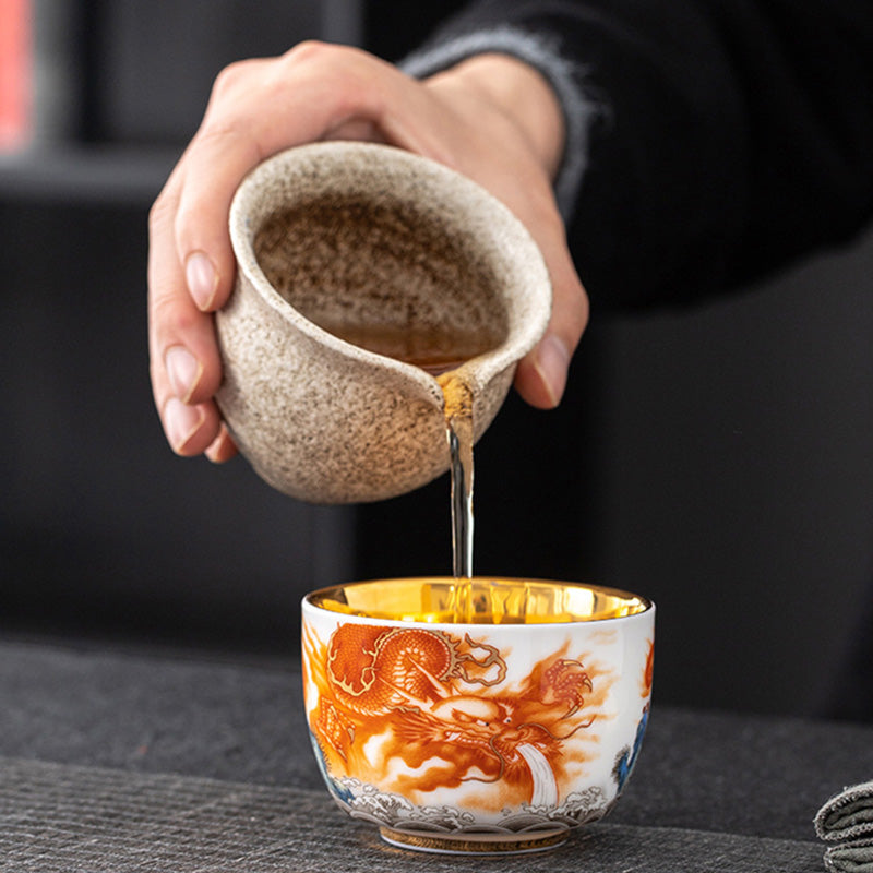 Buddha Stones龍 鳳凰 鶴 太陽 海 波 金箔 陶器 ティーカップ カンフー ティーカップ 170ml
