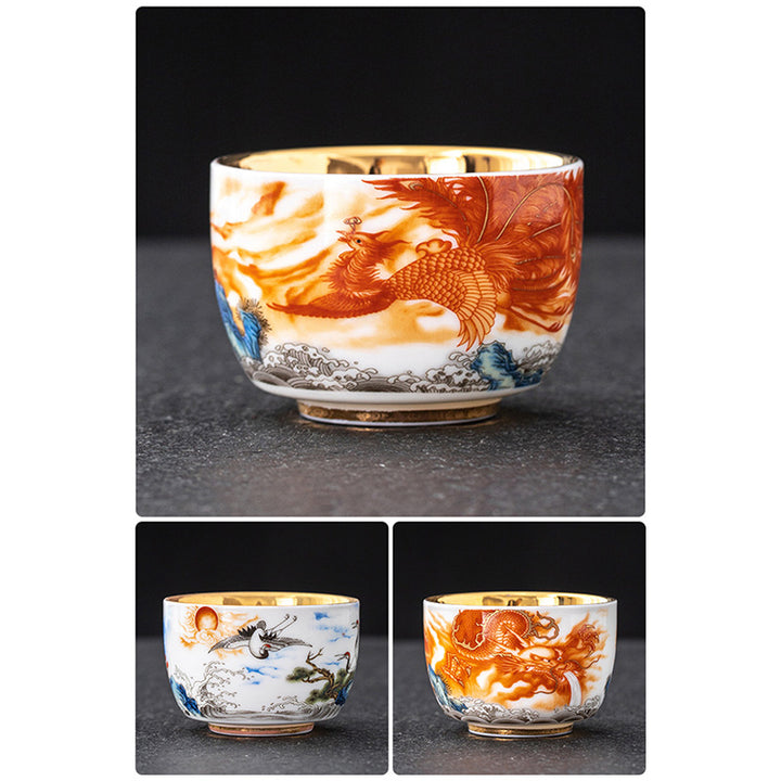 Buddha Stones龍 鳳凰 鶴 太陽 海 波 金箔 陶器 ティーカップ カンフー ティーカップ 170ml