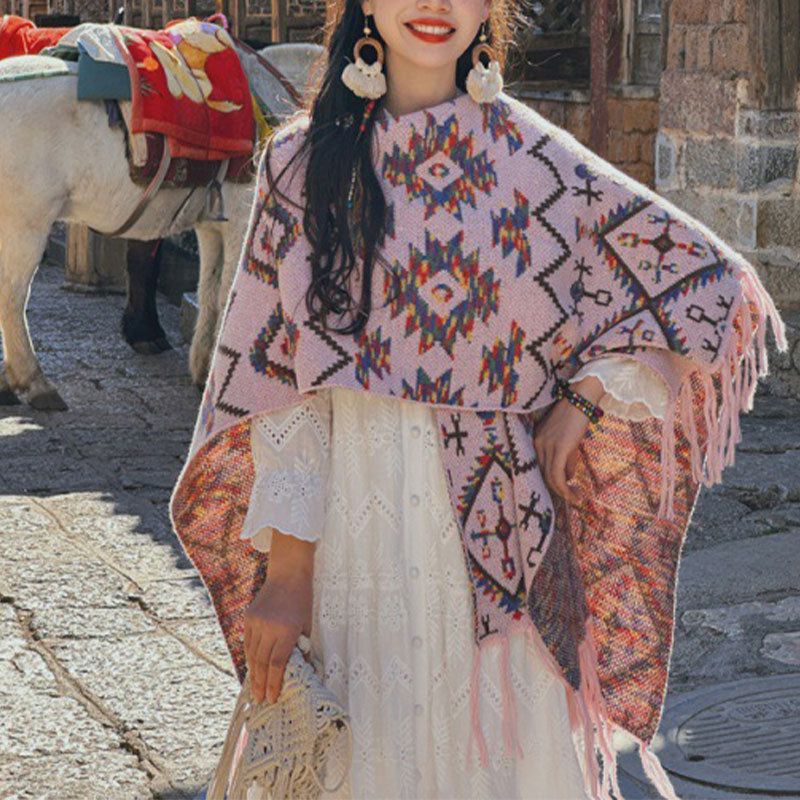 Buddha Stonesチベットショール ストライプ幾何学模様 冬用 心地よい旅行用ニットスカーフ ラップ - ピンク 130×150cm - image 8