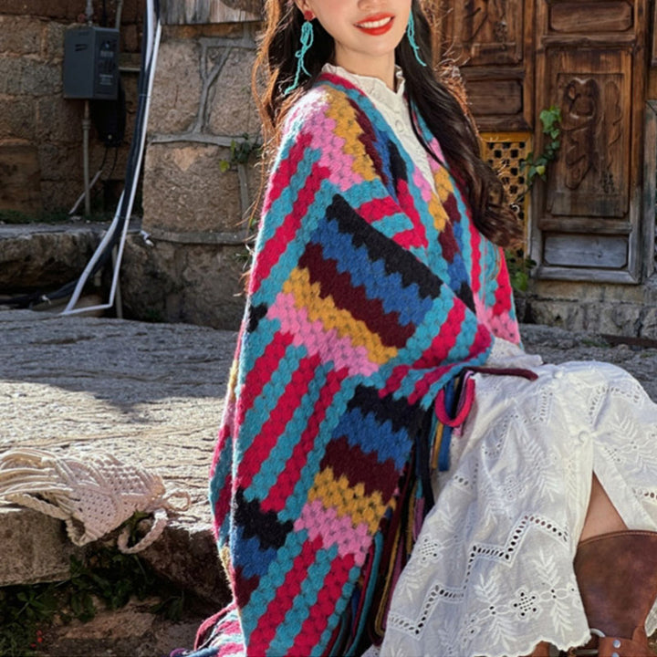 Buddha Stonesチベットショール キャンディカラー編み模様 冬用 心地よい旅行用ニットタッセルスカーフラップ - image 3