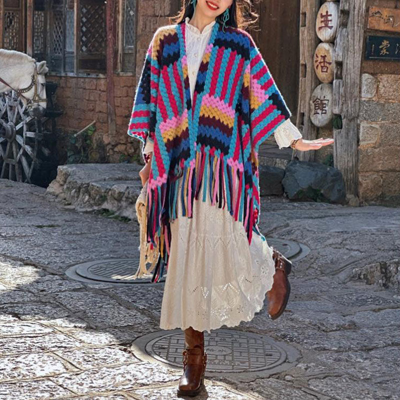 Buddha Stonesチベットショール キャンディカラー編み模様 冬用 心地よい旅行用ニットタッセルスカーフラップ - image 7