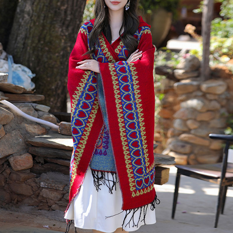 Buddha Stonesチベットショール レッドラブハートタッセルフード付きマント 冬用 快適 旅行用スカーフ ラップ - image 3