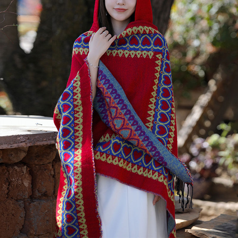 Buddha Stonesチベットショール レッドラブハートタッセルフード付きマント 冬用 快適 旅行用スカーフ ラップ - image 1