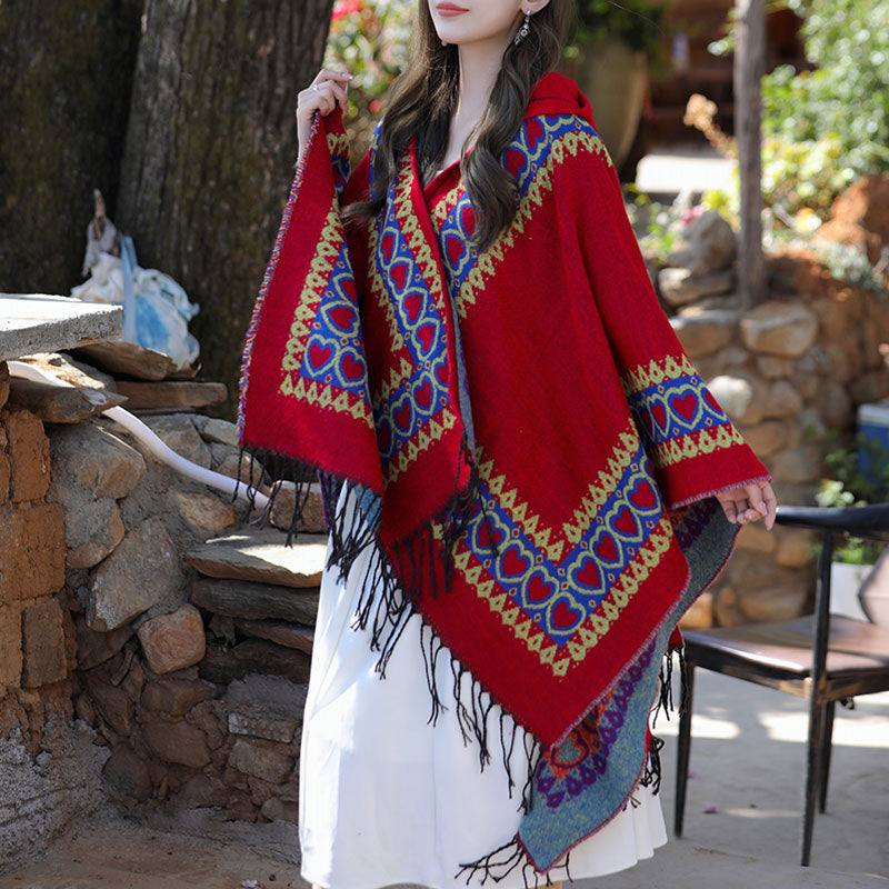 Buddha Stonesチベットショール レッドラブハートタッセルフード付きマント 冬用 快適 旅行用スカーフ ラップ - image 5