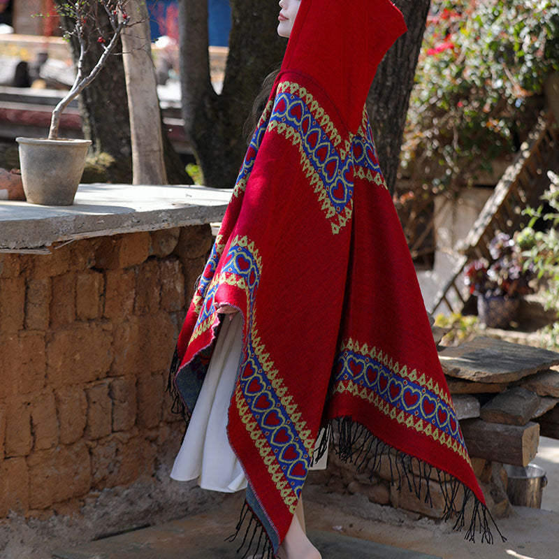 Buddha Stonesチベットショール レッドラブハートタッセルフード付きマント 冬用 快適 旅行用スカーフ ラップ - image 10