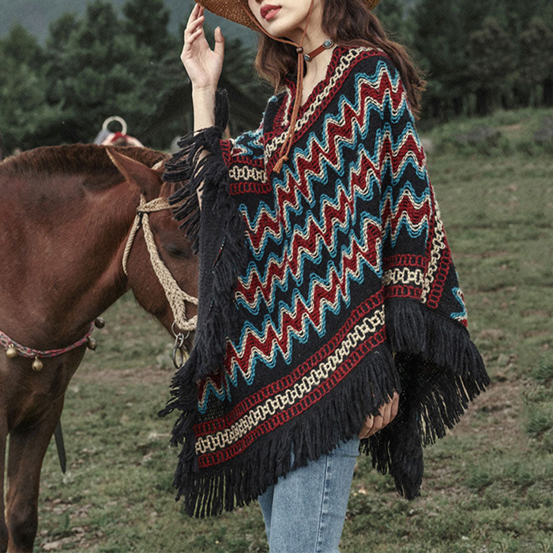 Buddha Stonesチベットショール ストライプニットタッセルプルオーバー 冬用 心地よい旅行用スカーフラップ - image 1