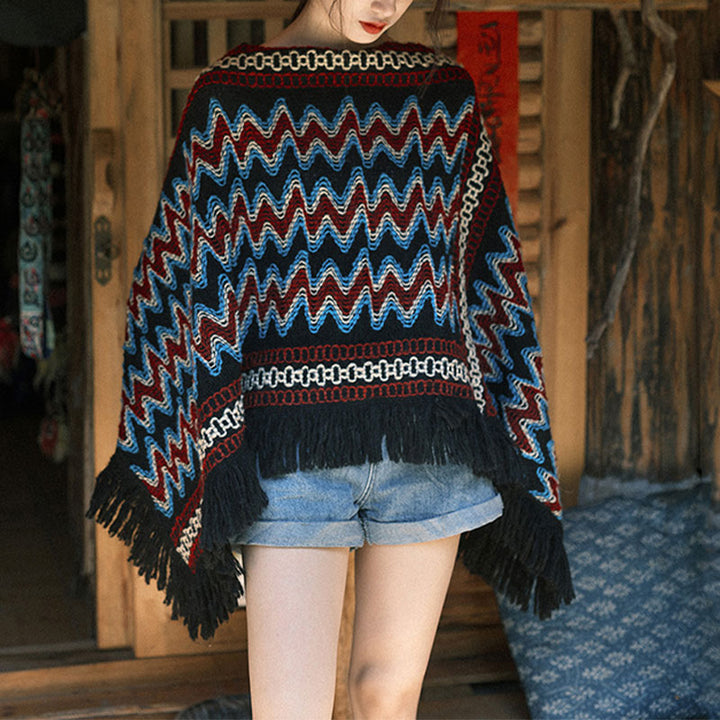 Buddha Stonesチベットショール ストライプニットタッセルプルオーバー 冬用 心地よい旅行用スカーフラップ - image 2