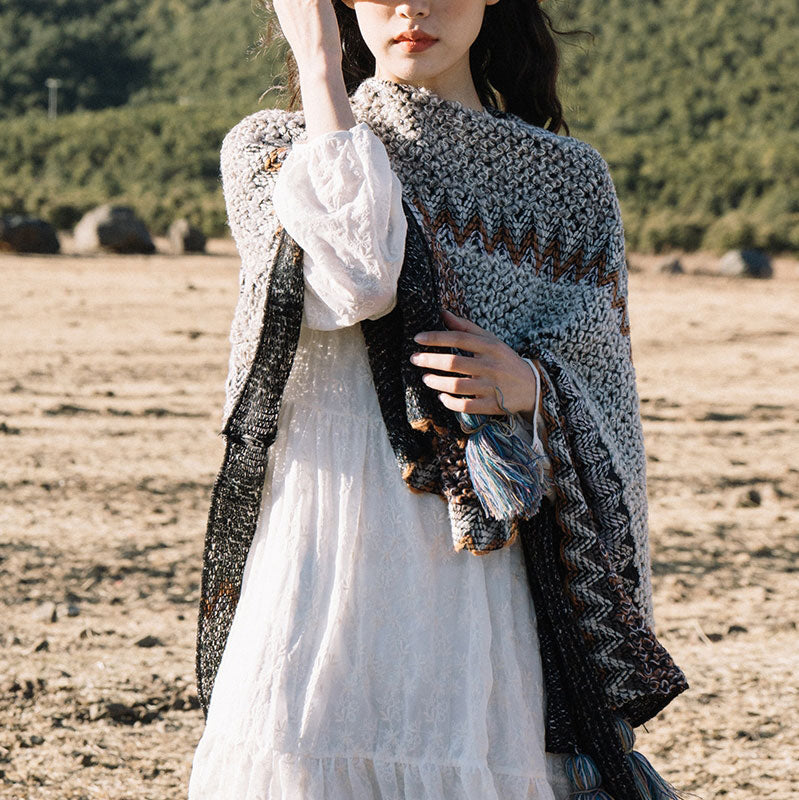 Buddha Stonesチベットショール グレーブラウンストライプ ニットタッセル 冬用 心地よい旅行用スカーフ ラップ - image 1