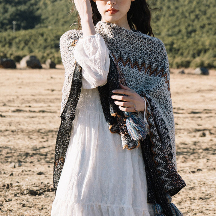 Buddha Stonesチベットショール グレーブラウンストライプ ニットタッセル 冬用 心地よい旅行用スカーフ ラップ - image 1