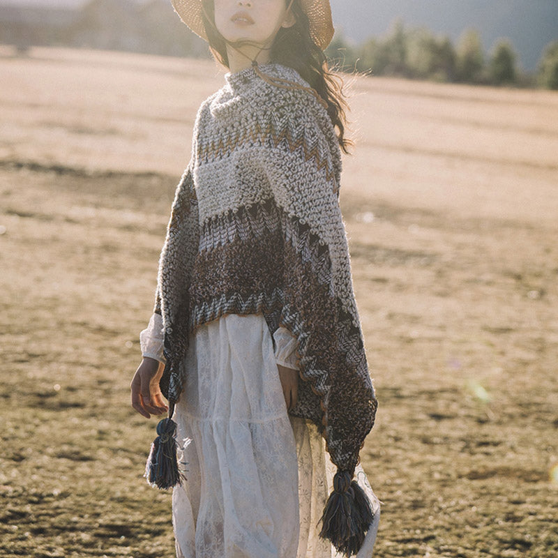 Buddha Stonesチベットショール グレーブラウンストライプ ニットタッセル 冬用 心地よい旅行用スカーフ ラップ - image 2