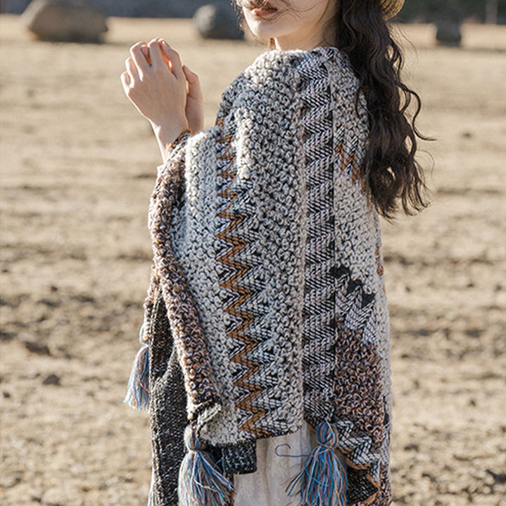 Buddha Stonesチベットショール グレーブラウンストライプ ニットタッセル 冬用 心地よい旅行用スカーフ ラップ - image 3