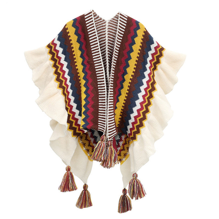 Buddha Stonesチベットショール カラフルなストライプの波線タッセル 冬用 心地よい旅行用スカーフ ラップ - ベージュ イエロー ブラウン 85×135cm - image 14