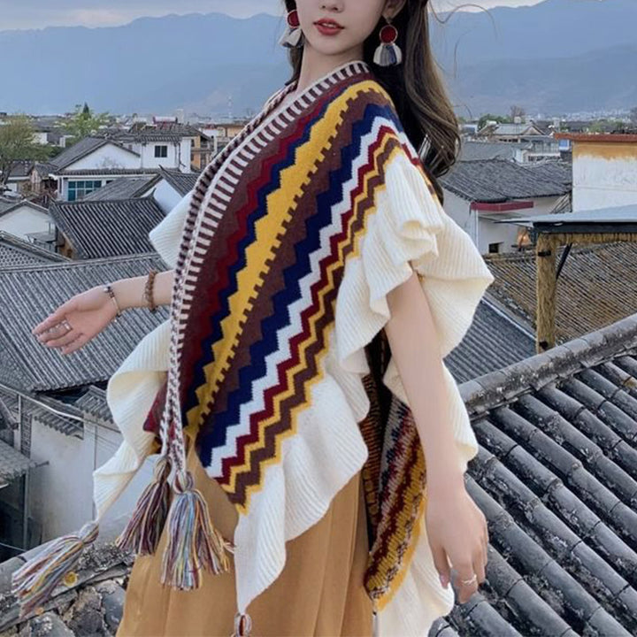 Buddha Stonesチベットショール カラフルなストライプの波線タッセル 冬用 心地よい旅行用スカーフ ラップ - image 15