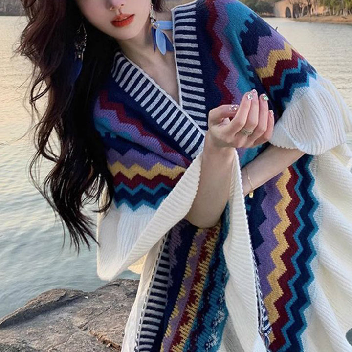 Buddha Stonesチベットショール カラフルなストライプの波線タッセル 冬用 心地よい旅行用スカーフ ラップ - image 4