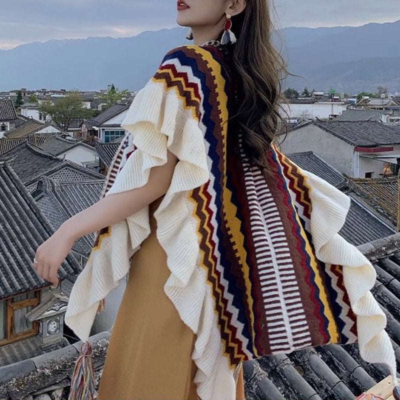 Buddha Stonesチベットショール カラフルなストライプの波線タッセル 冬用 心地よい旅行用スカーフ ラップ - image 16