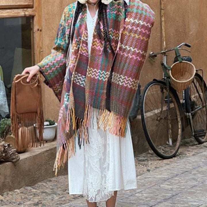 Buddha Stonesチベットショール カラフルな波型ストライプ タッセル 冬用 心地よい旅行用スカーフ ラップ