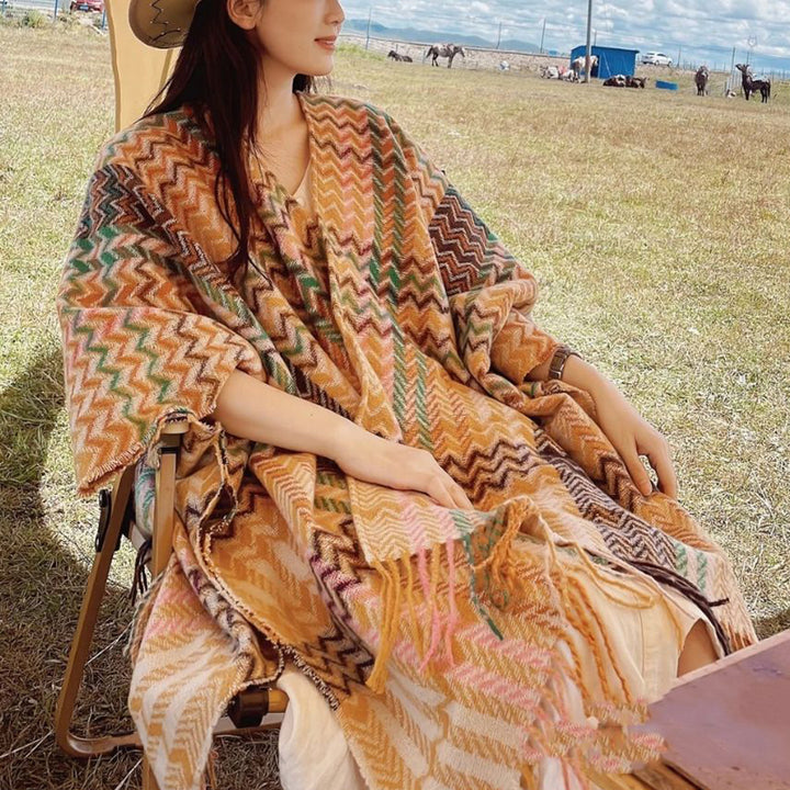 Buddha Stonesチベットショール カラフルな波型ストライプ タッセル 冬用 心地よい旅行用スカーフ ラップ - image 3