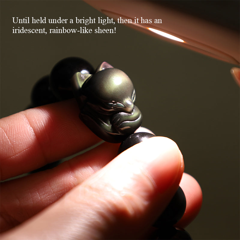 Buddha Stonesレインボーオブシディアン フォックス ヒーリング ポジティブブレスレット