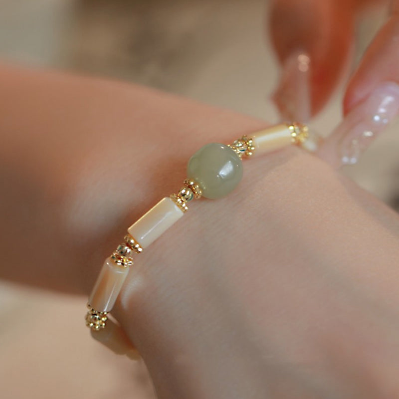 Buddha Stones14K ゴールドメッキ シャコガイ石 和田翡翠ビーズ 竹模様ブレスレット
