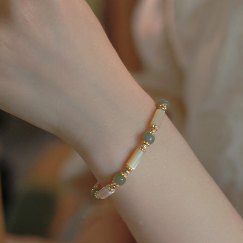 Buddha Stones14K ゴールドメッキ シャコガイ石 和田翡翠ビーズ 竹模様ブレスレット