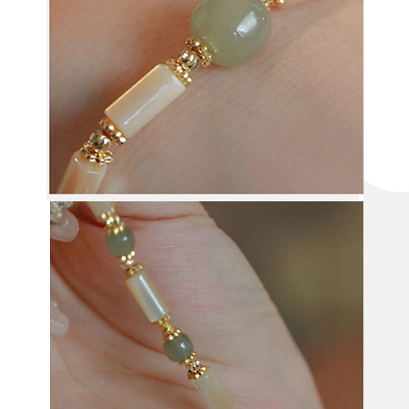Buddha Stones14K ゴールドメッキ シャコガイ石 和田翡翠ビーズ 竹模様ブレスレット