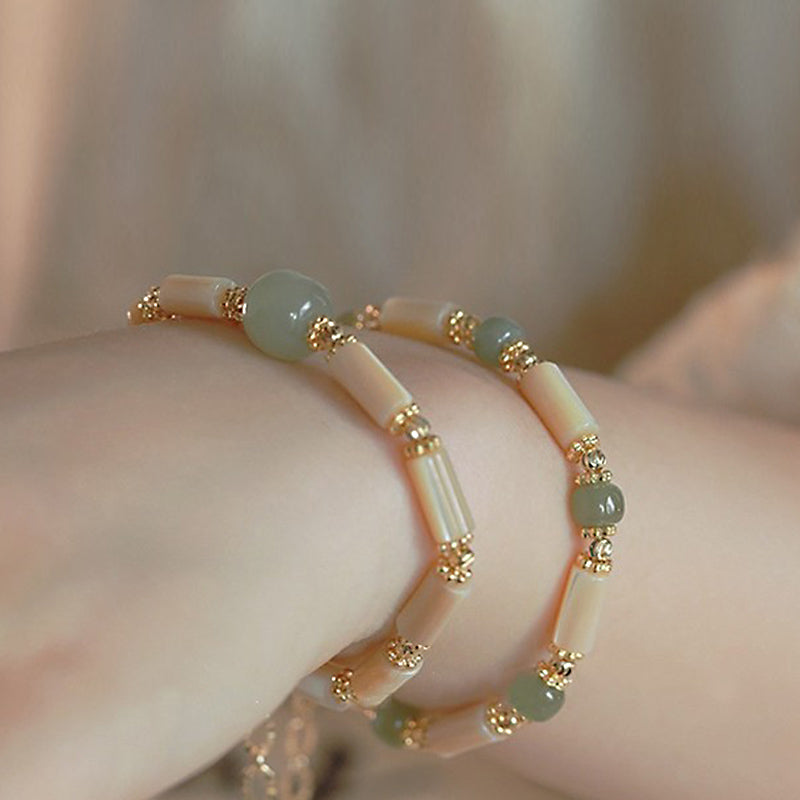 Buddha Stones14K ゴールドメッキ シャコガイ石 和田翡翠ビーズ 竹模様ブレスレット