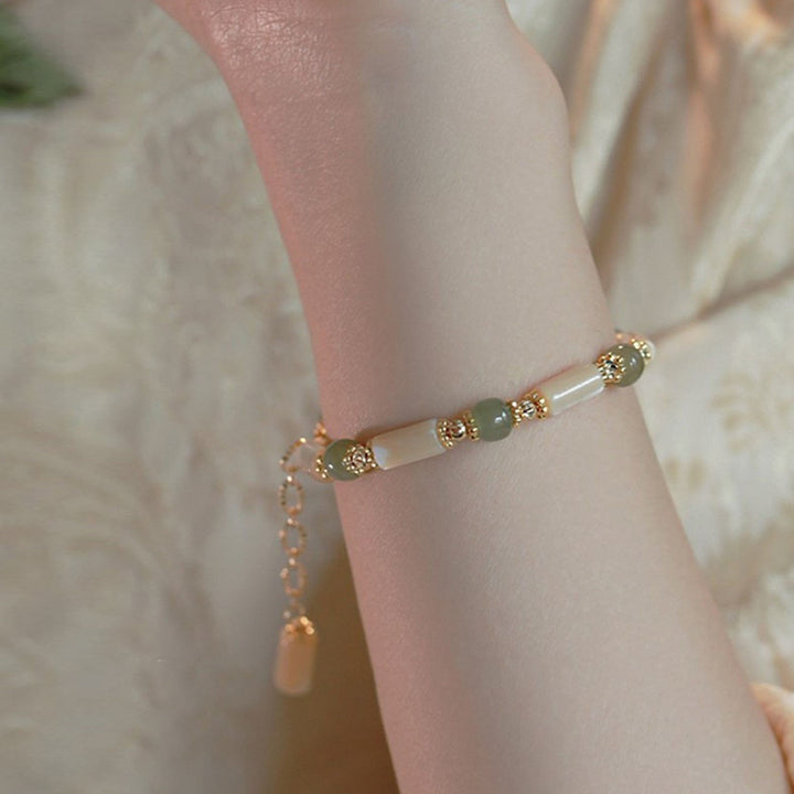 Buddha Stones14K ゴールドメッキ シャコガイ石 和田翡翠ビーズ 竹模様ブレスレット