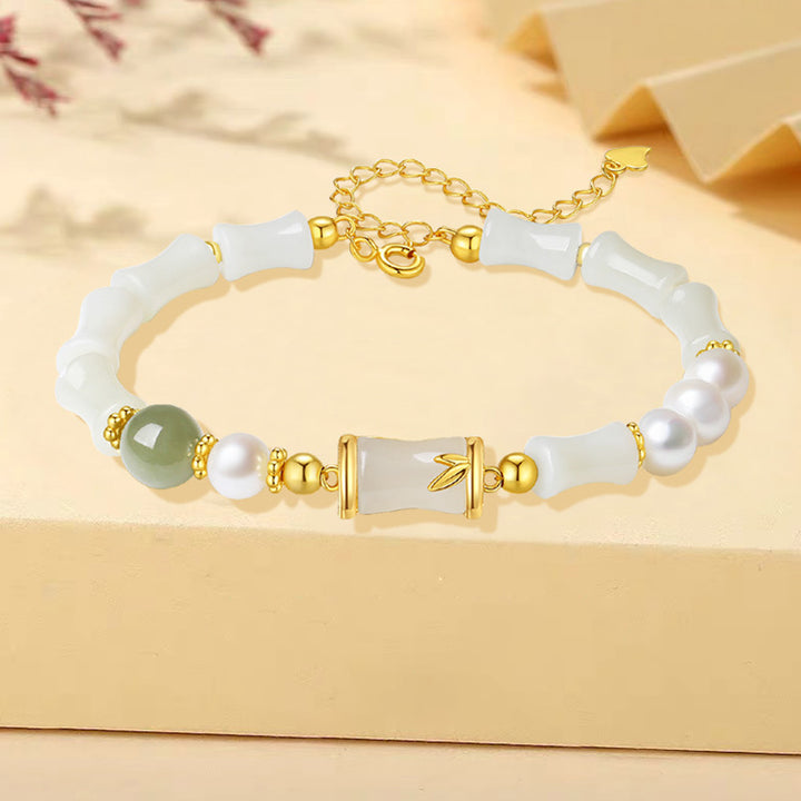 Buddha Stones925 スターリングシルバー 天然和田白翡翠 竹製 幸運の祝福ブレスレット