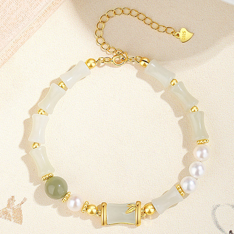 Buddha Stones925 スターリングシルバー 天然和田白翡翠 竹製 幸運の祝福ブレスレット
