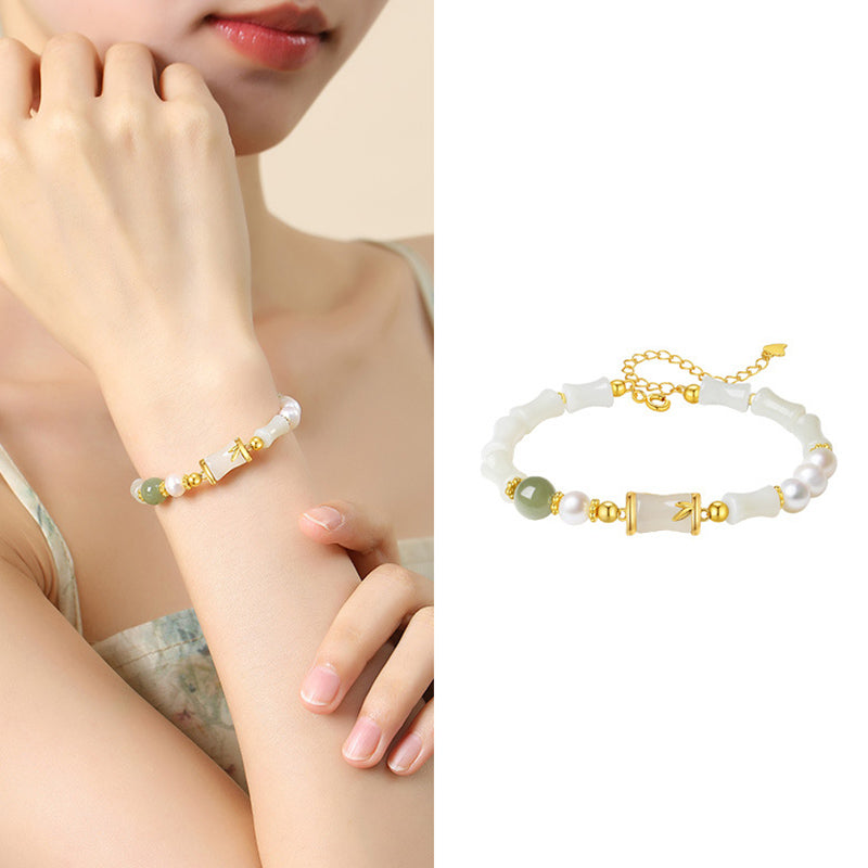 Buddha Stones925 スターリングシルバー 天然和田白翡翠 竹製 幸運の祝福ブレスレット