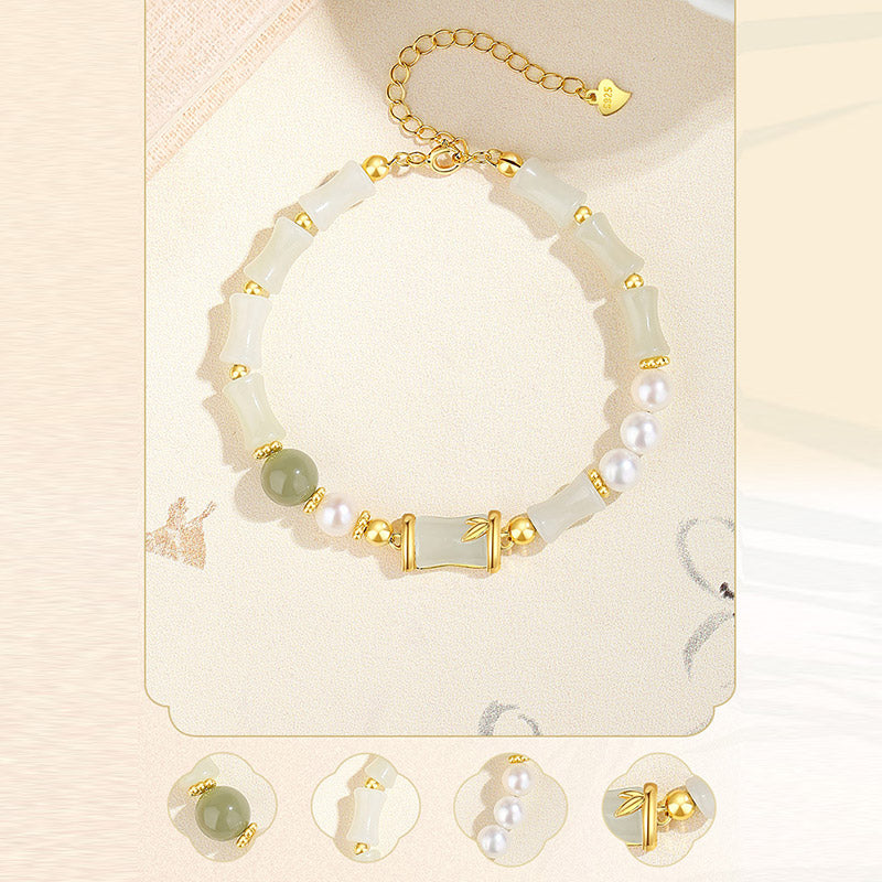 Buddha Stones925 スターリングシルバー 天然和田白翡翠 竹製 幸運の祝福ブレスレット