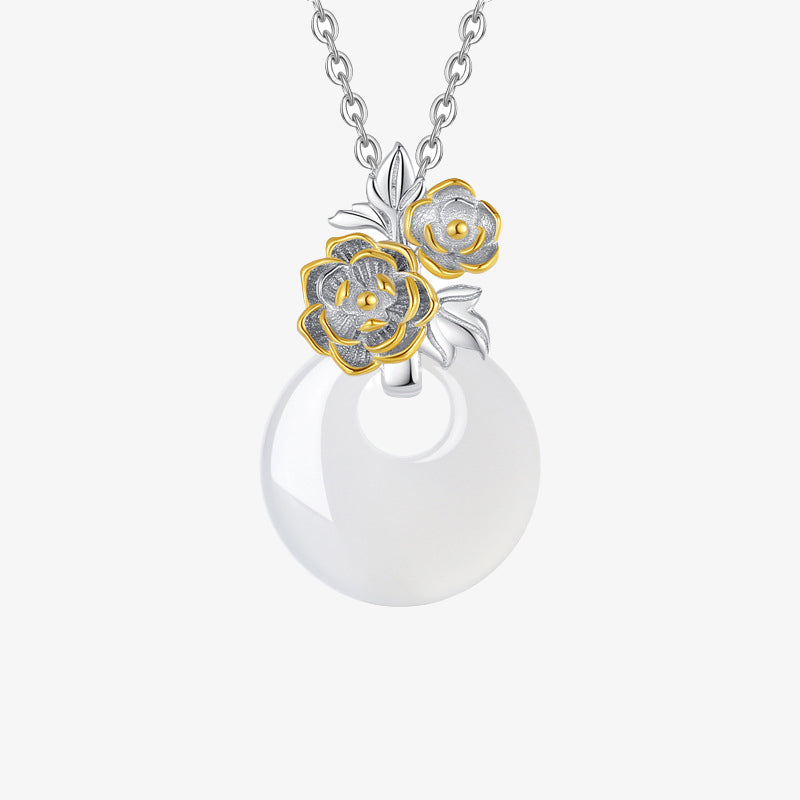 Buddha Stones925スターリングシルバー ラウンドカルセドニー 12ヶ月フラワーハーモニーネックレスペンダント