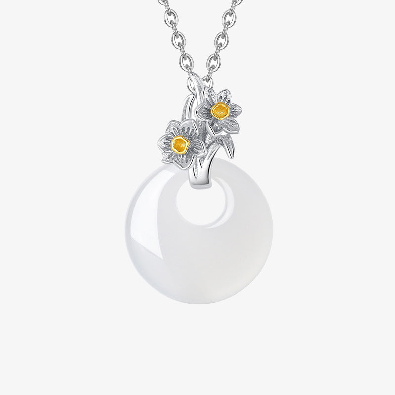 Buddha Stones925スターリングシルバー ラウンドカルセドニー 12ヶ月フラワーハーモニーネックレスペンダント
